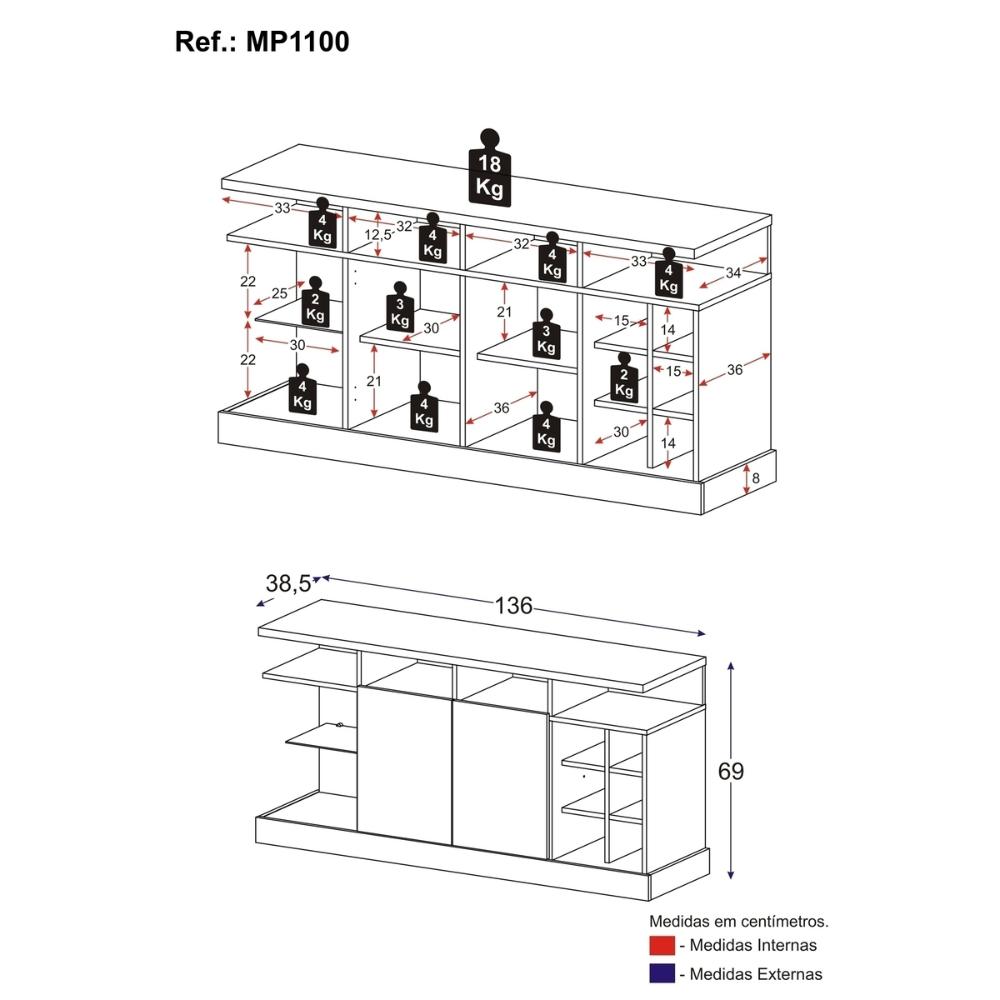Aparador Buffet 136cm com Adega Embutida Multimóveis MP1100 Off White/Madeirado