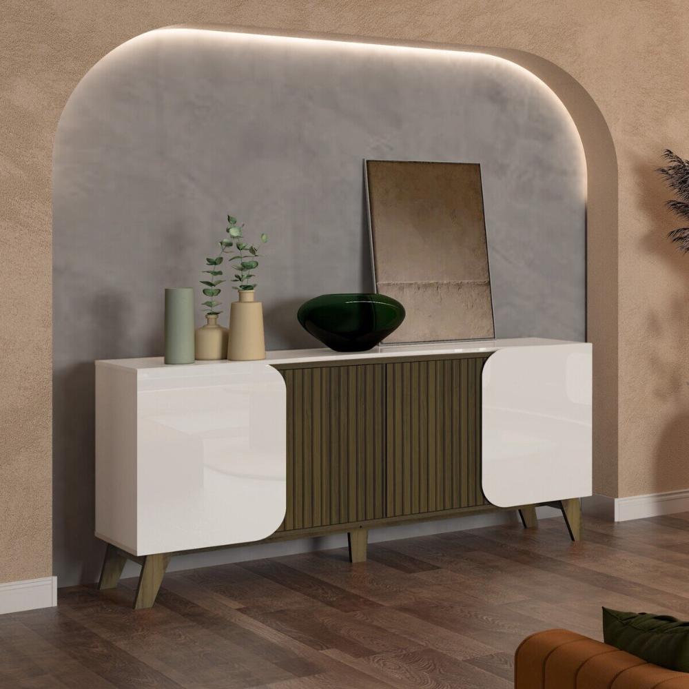 Aparador Buffet 160cm 4 Portas com Pés Retrô Multimóveis CR50126 Off White/Pinho Ripado