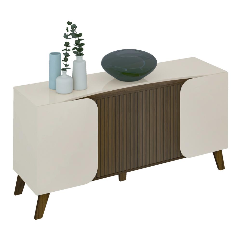 Aparador Buffet 160cm 4 Portas com Pés Retrô Multimóveis CR50126 Off White/Pinho Ripado