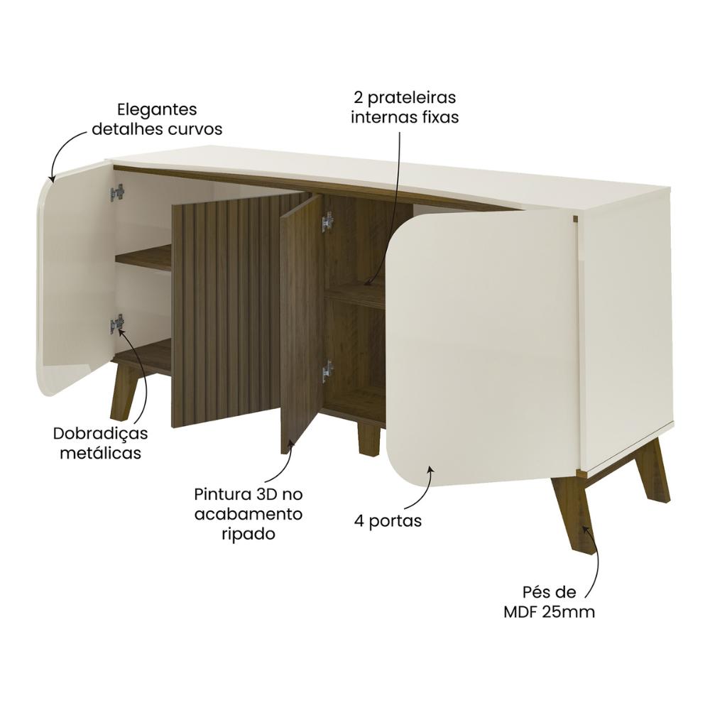 Aparador Buffet 160cm 4 Portas com Pés Retrô Multimóveis CR50126 Off White/Pinho Ripado