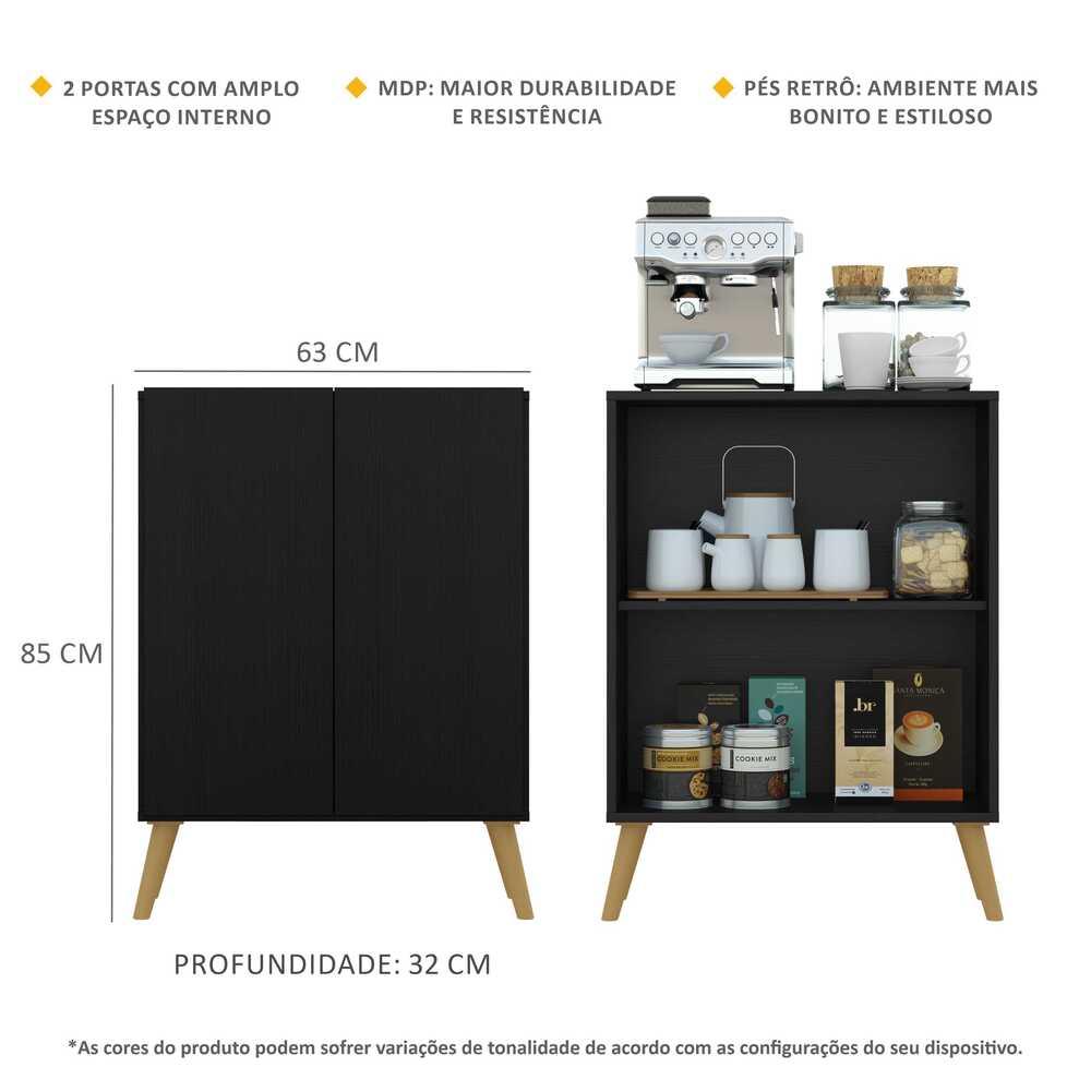 Aparador Buffet 2 Portas Retrô Veneza Multimóveis V3609 Preto/Natural