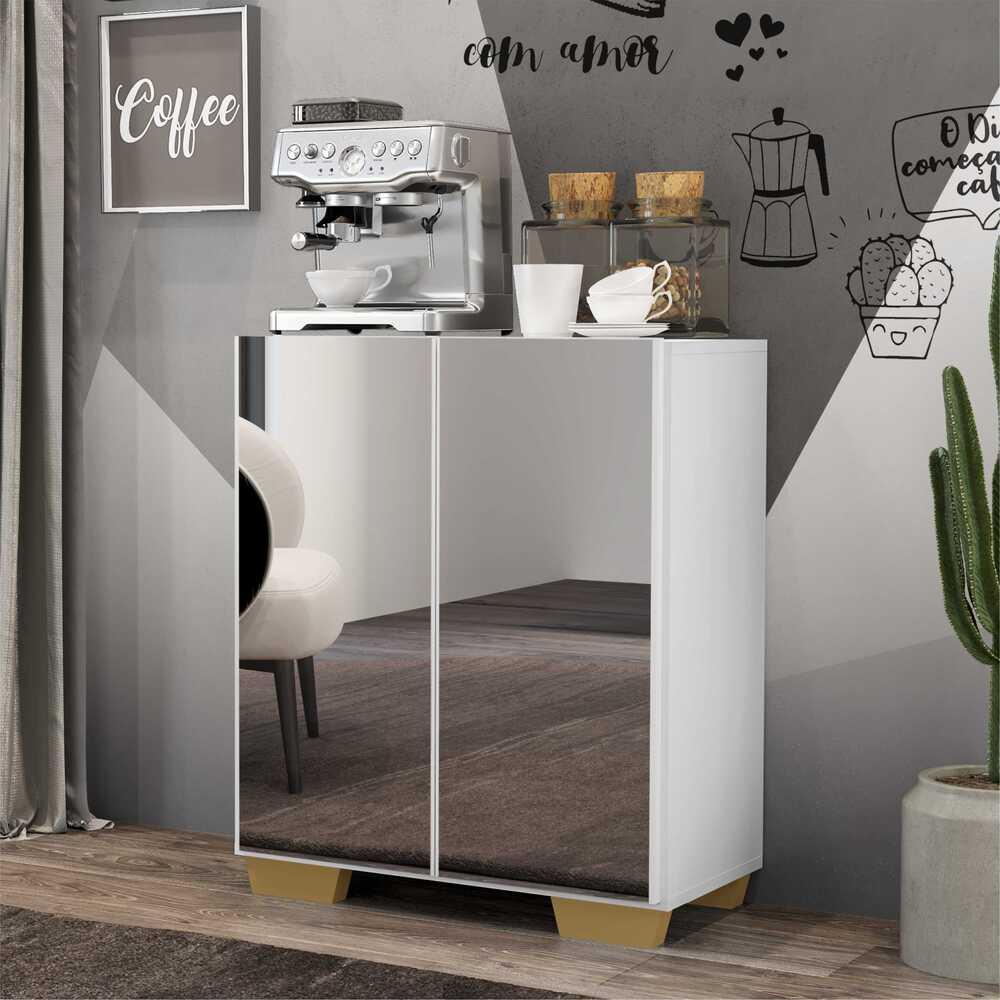 Aparador Buffet 2 portas com Espelho e Pés Quadrados Vegas Multimóveis V3614 Branco/Natural