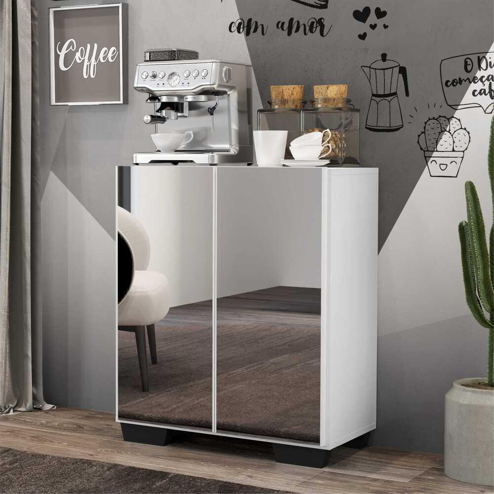 Aparador Buffet 2 portas com Espelho e Pés Quadrados Vegas Multimóveis V3614 Branco/Preto