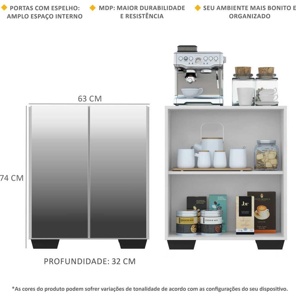 Aparador Buffet 2 portas com Espelho e Pés Quadrados Vegas Multimóveis V3614 Branco/Preto