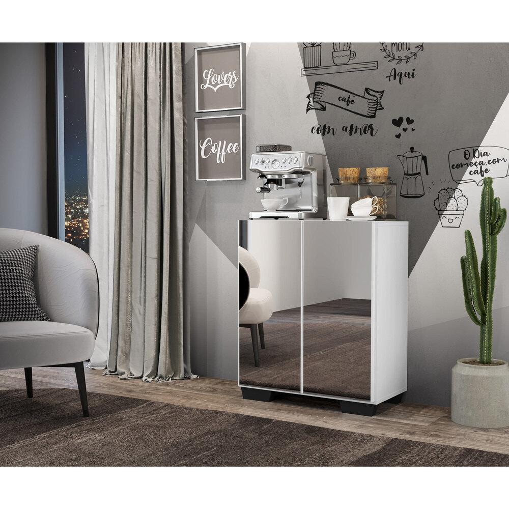 Aparador Buffet 2 portas com Espelho e Pés Quadrados Vegas Multimóveis V3614 Branco/Preto