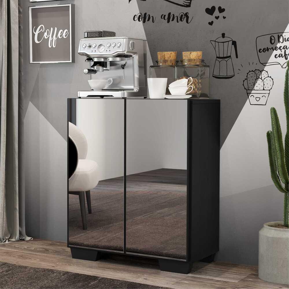 Aparador Buffet 2 portas com Espelho e Pés Quadrados Vegas Multimóveis V3614 Preto