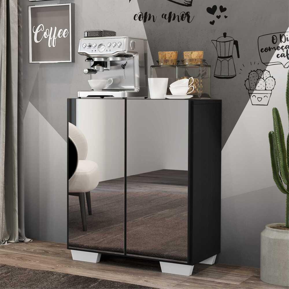 Aparador Buffet 2 portas com Espelho e Pés Quadrados Vegas Multimóveis V3614 Preto/Branco