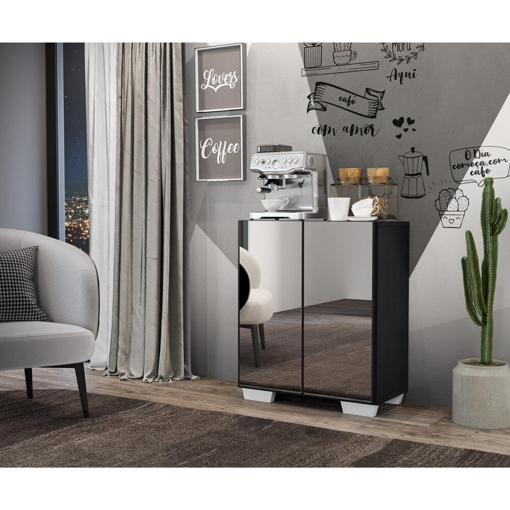Aparador Buffet 2 portas com Espelho e Pés Quadrados Vegas Multimóveis V3614 Preto/Branco