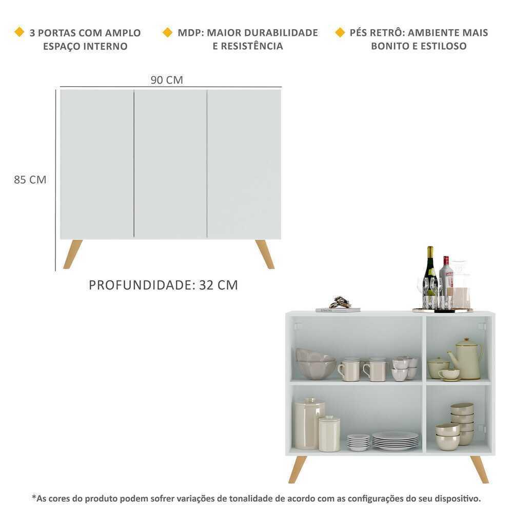 Aparador Buffet 3 Portas Retrô Veneza Multimóveis MP1009 Branco/Natural