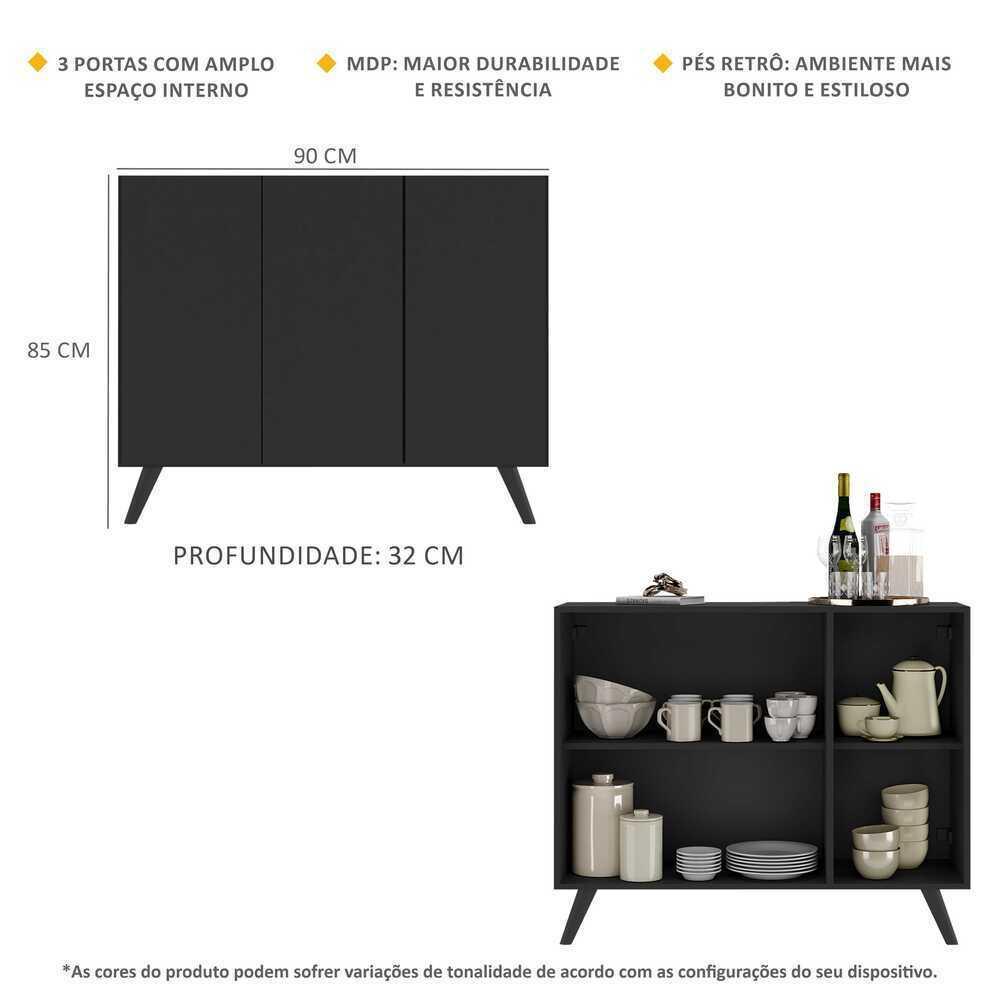 Aparador Buffet 3 Portas Retrô Veneza Multimóveis MP1009 Preto