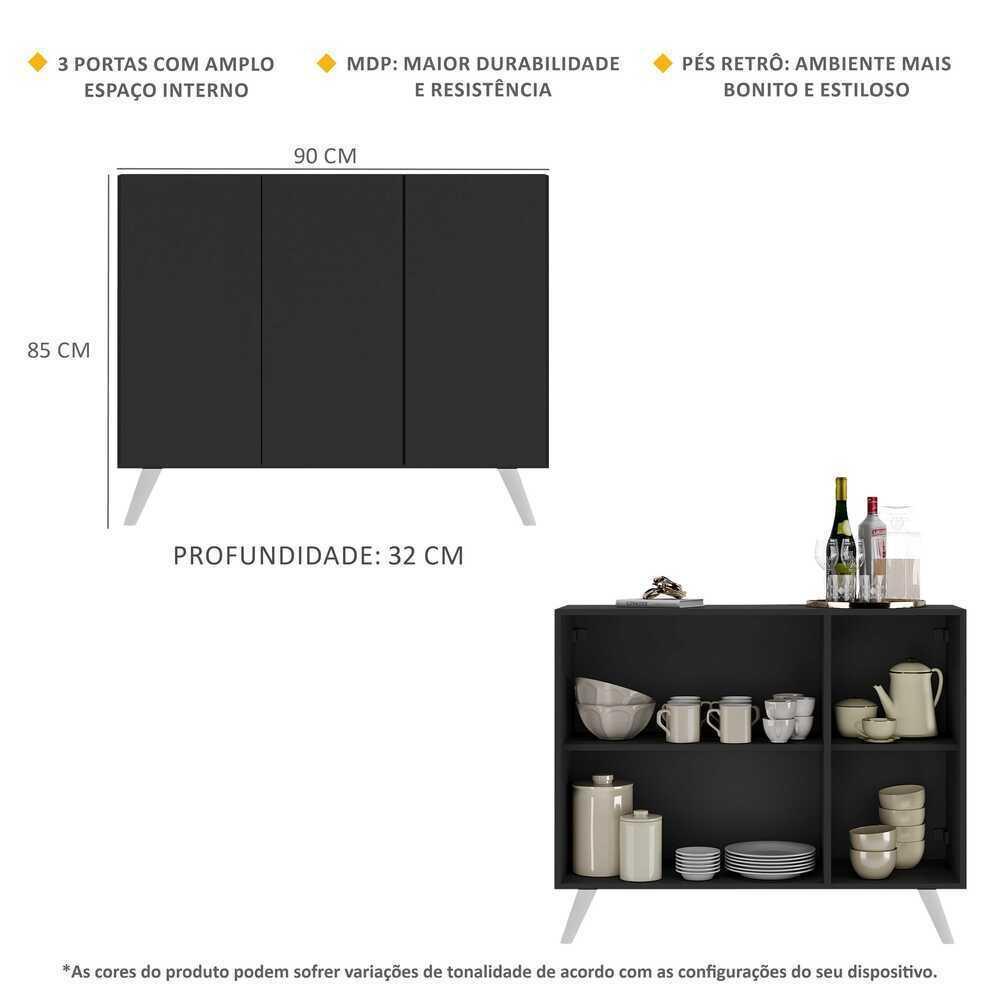 Aparador Buffet 3 Portas Retrô Veneza Multimóveis MP1009 Preto/Branco