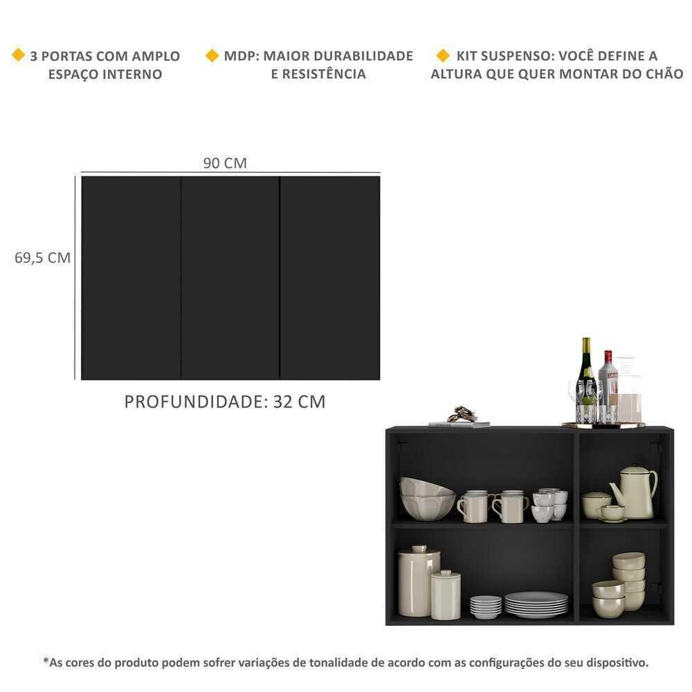 Aparador Buffet 3 Portas Suspenso Veneza Multimóveis MP1008 Preto