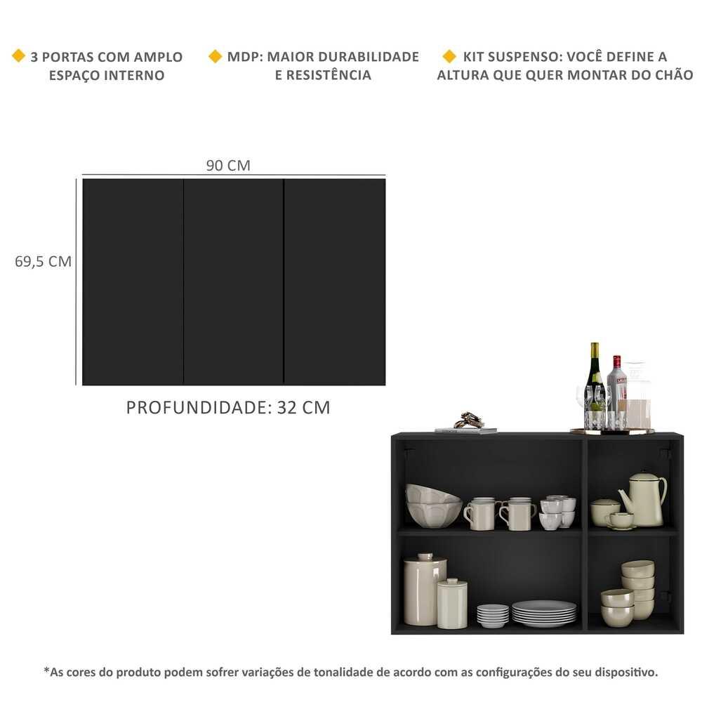 Aparador Buffet 3 Portas Suspenso Veneza Multimóveis V1008 Preto