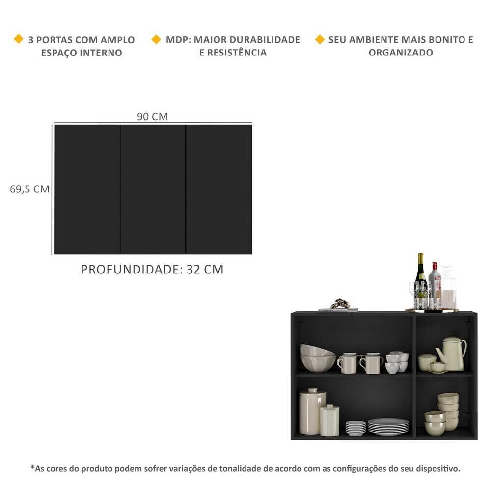 Aparador Buffet 3 Portas Veneza Multimóveis MP1007 Preto