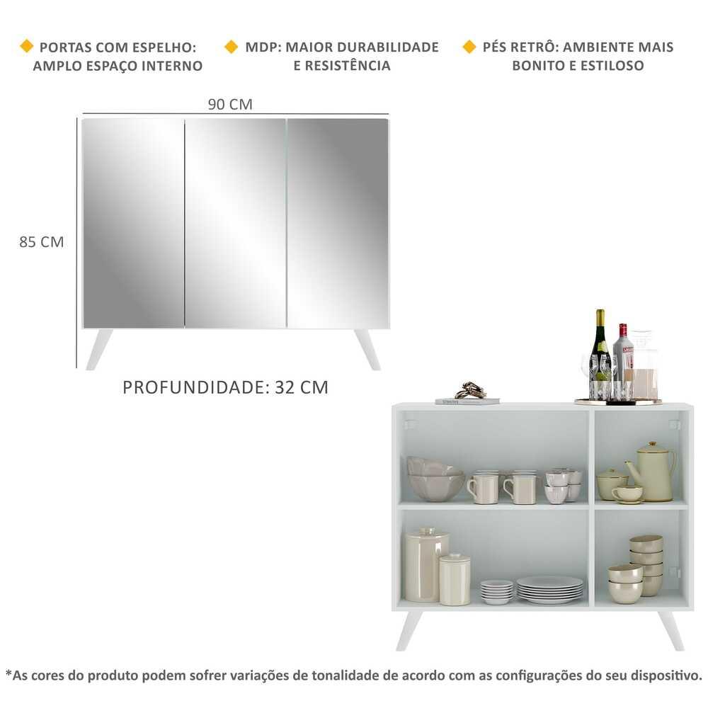 Aparador Buffet 3 Portas com Espelho Retrô Vegas Multimóveis MP1013 Branco