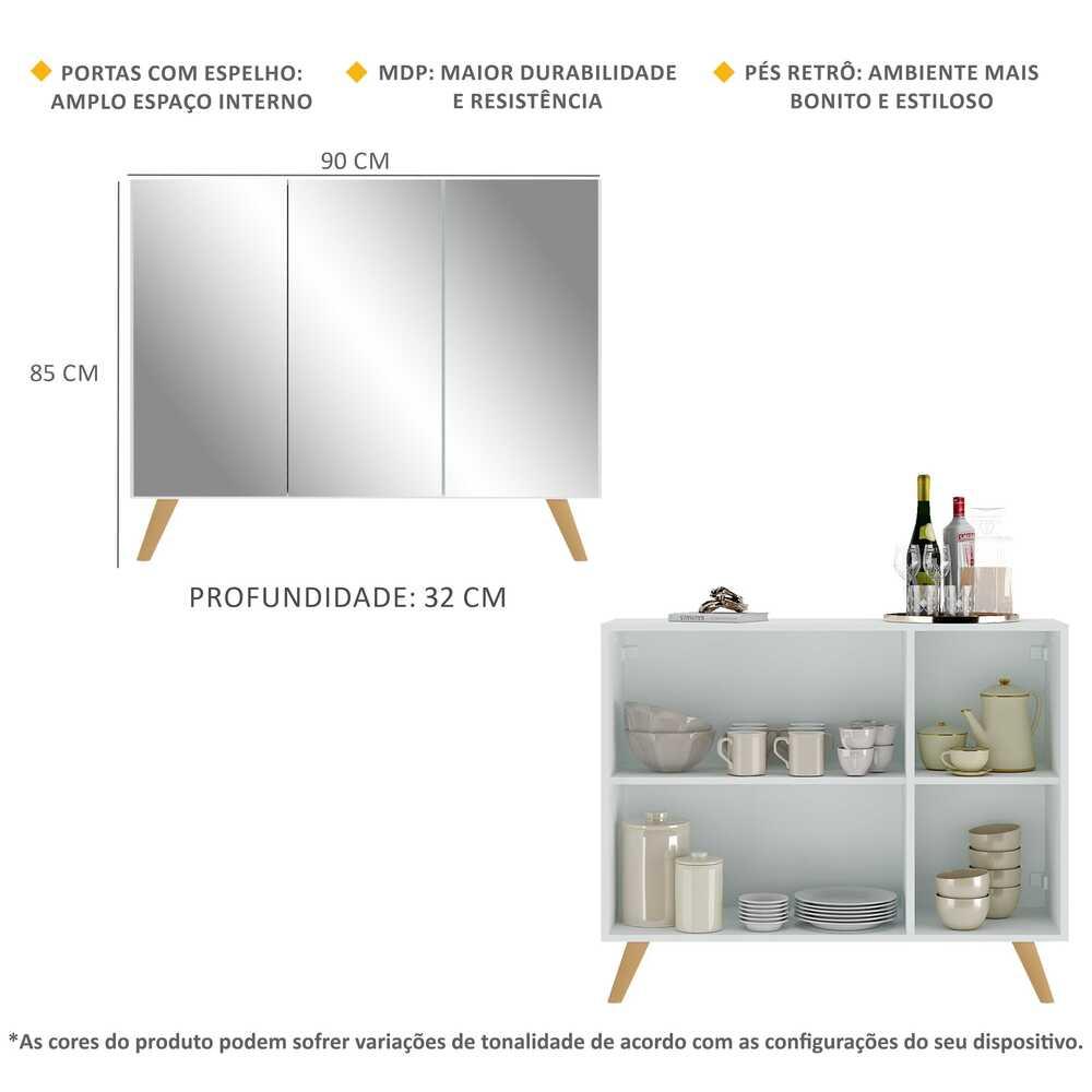 Aparador Buffet 3 Portas com Espelho Retrô Vegas Multimóveis MP1013 Branco/Natural