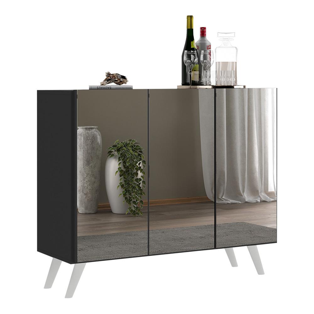 Aparador Buffet 3 Portas com Espelho Retrô Vegas Multimóveis MP1013 Preto/Branco