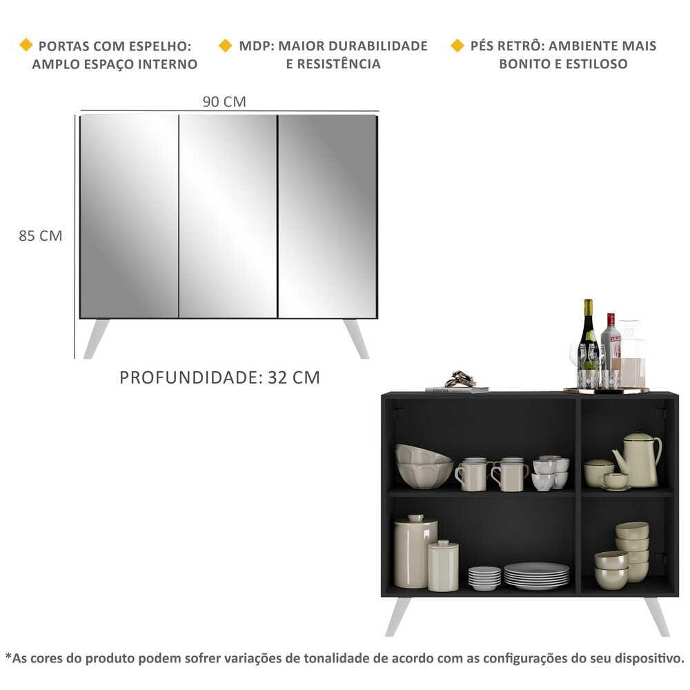 Aparador Buffet 3 Portas com Espelho Retrô Vegas Multimóveis MP1013 Preto/Branco