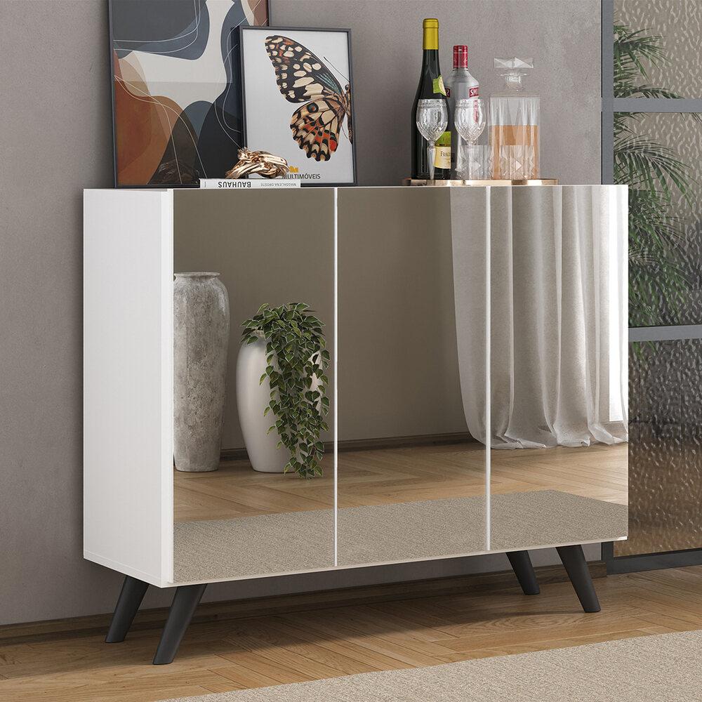 Aparador Buffet 3 Portas com Espelho Retrô Vegas Multimóveis V1013 Branco/Preto