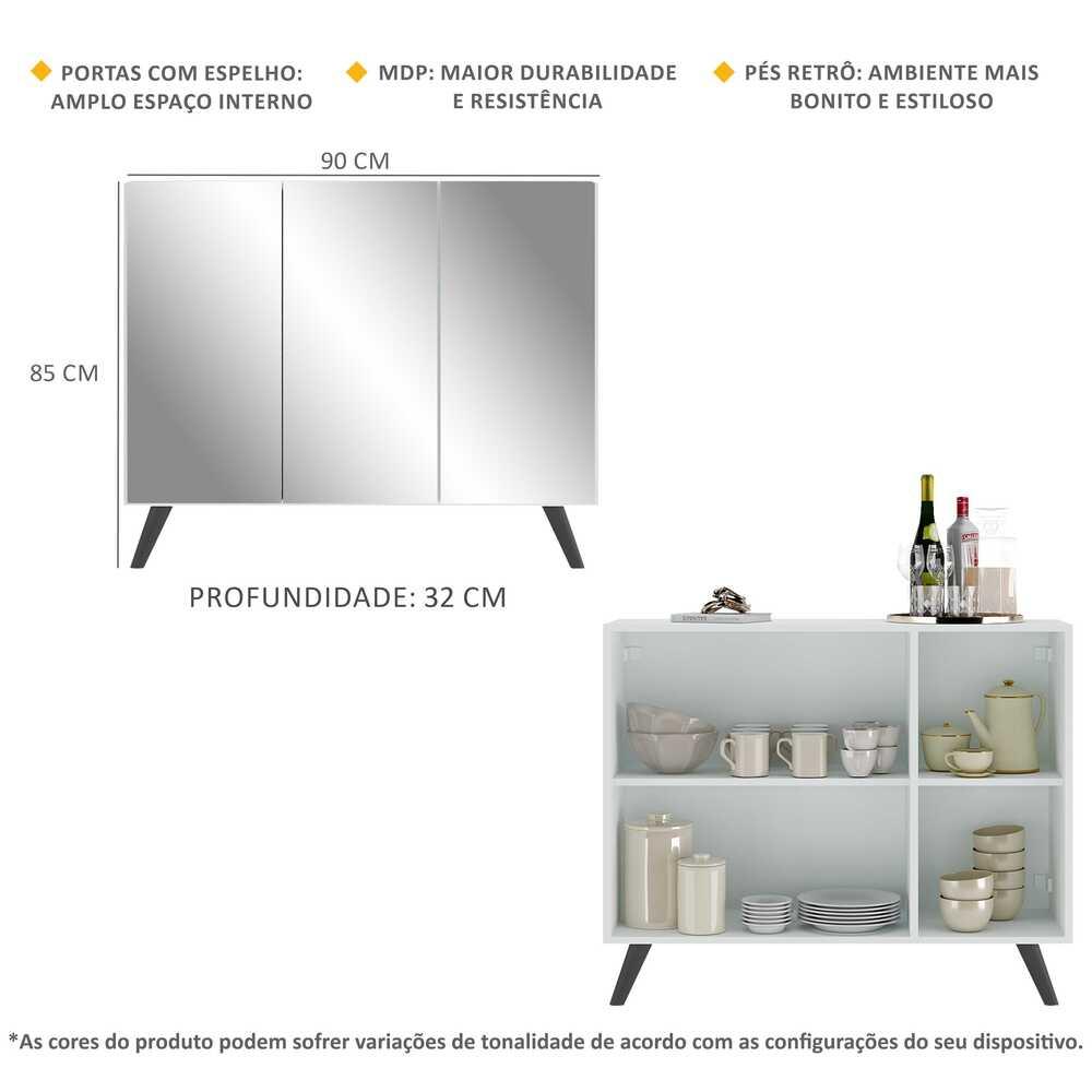 Aparador Buffet 3 Portas com Espelho Retrô Vegas Multimóveis V1013 Branco/Preto