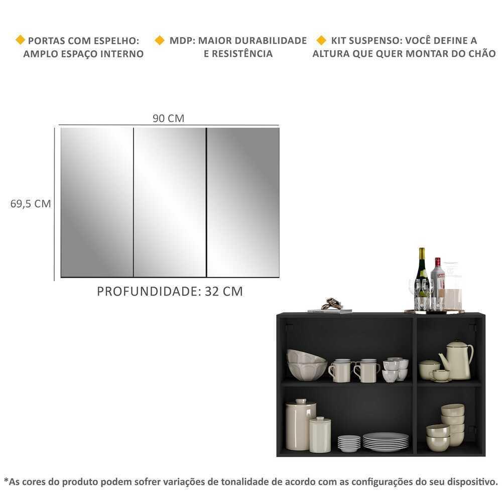 Aparador Buffet 3 Portas com Espelho Suspenso Vegas Multimóveis MP1012 Preto