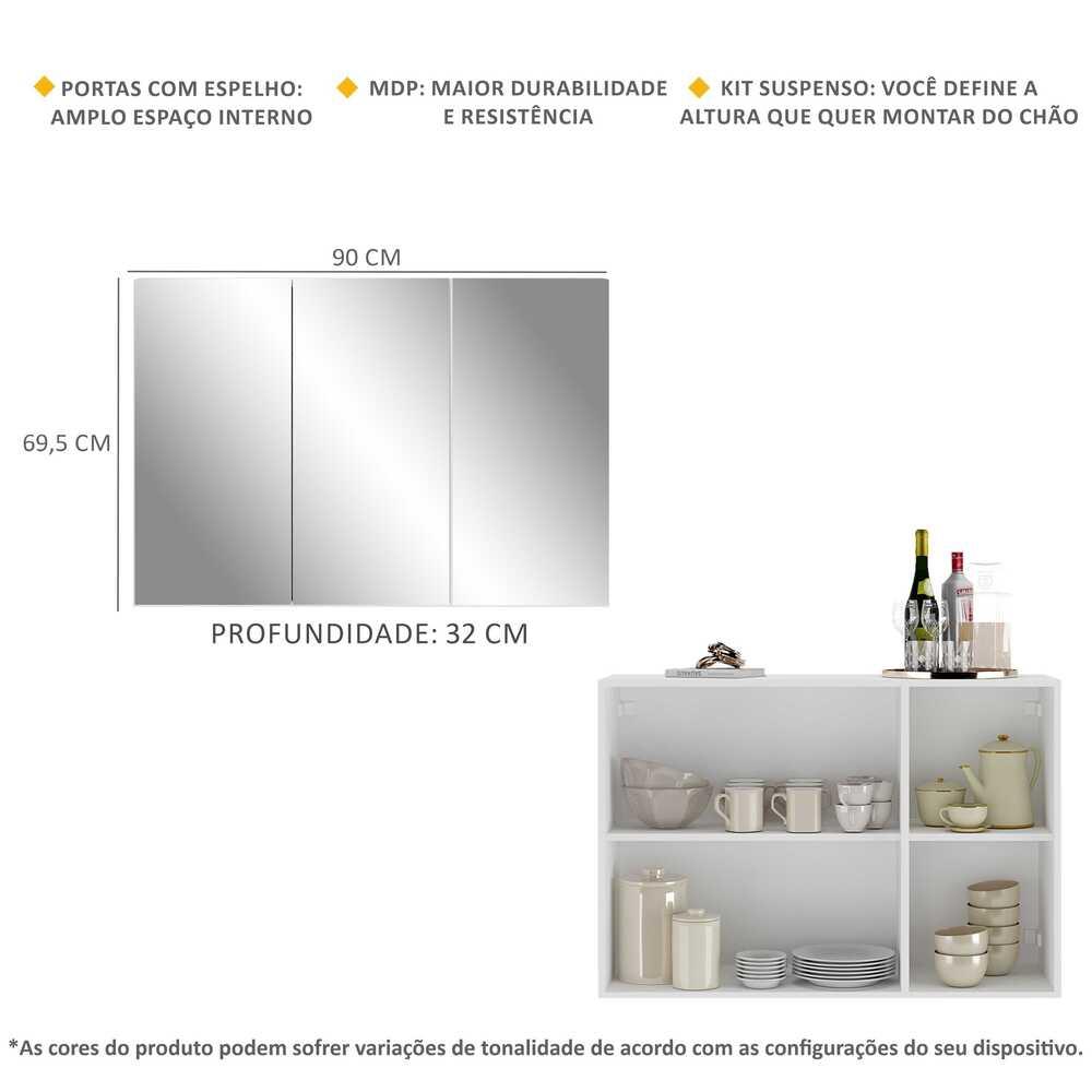 Aparador Buffet 3 Portas com Espelho Suspenso Vegas Multimóveis V1012 Branco