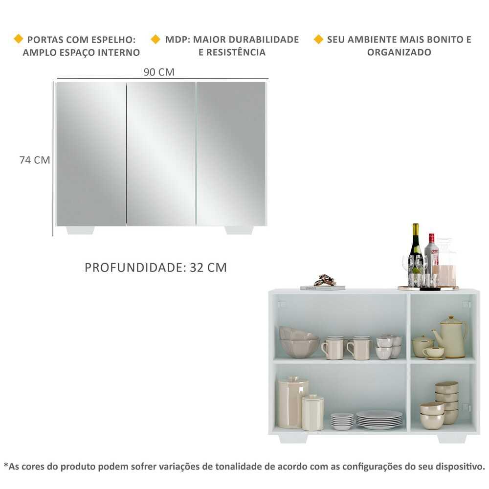 Aparador Buffet 3 Portas com Espelho e Pés Quadrados Vegas Multimóveis MP1014 Branco