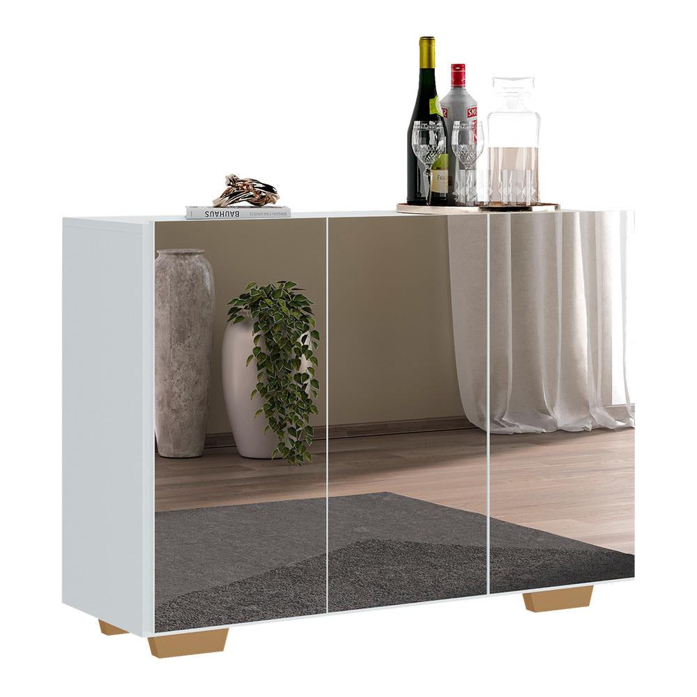 Aparador Buffet 3 Portas com Espelho e Pés Quadrados Vegas Multimóveis MP1014 Branco/Natural