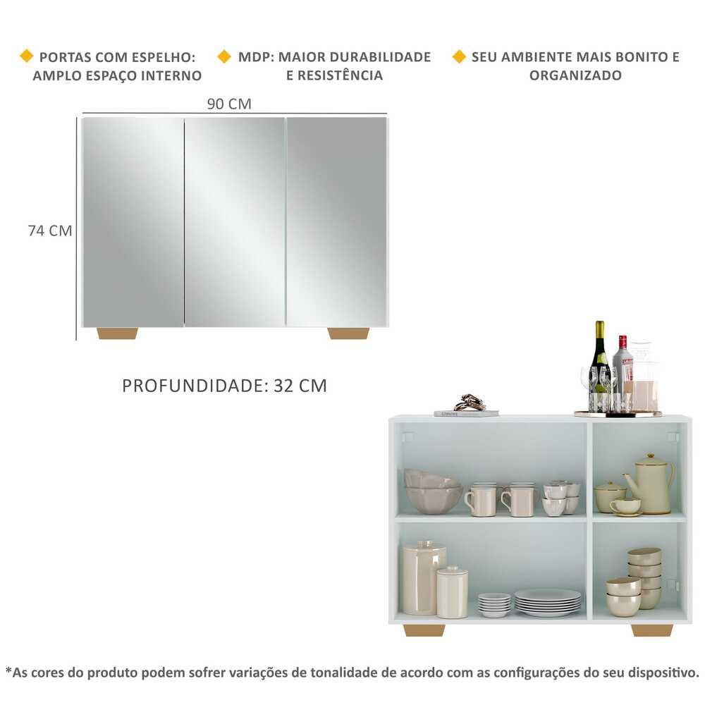 Aparador Buffet 3 Portas com Espelho e Pés Quadrados Vegas Multimóveis MP1014 Branco/Natural