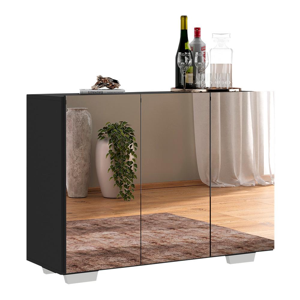 Aparador Buffet 3 Portas com Espelho e Pés Quadrados Vegas Multimóveis MP1014 Preto/Branco