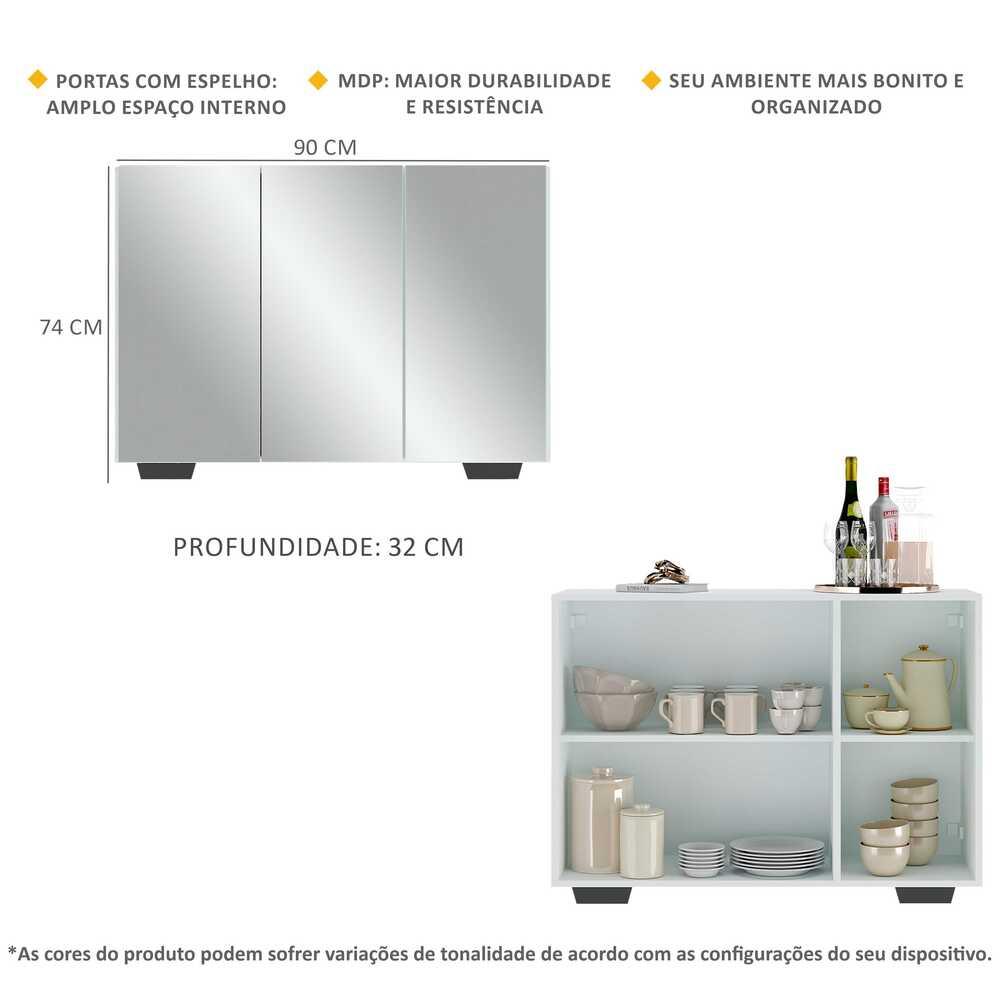 Aparador Buffet 3 Portas com Espelho e Pés Quadrados Vegas Multimóveis V1014 Branco/Preto