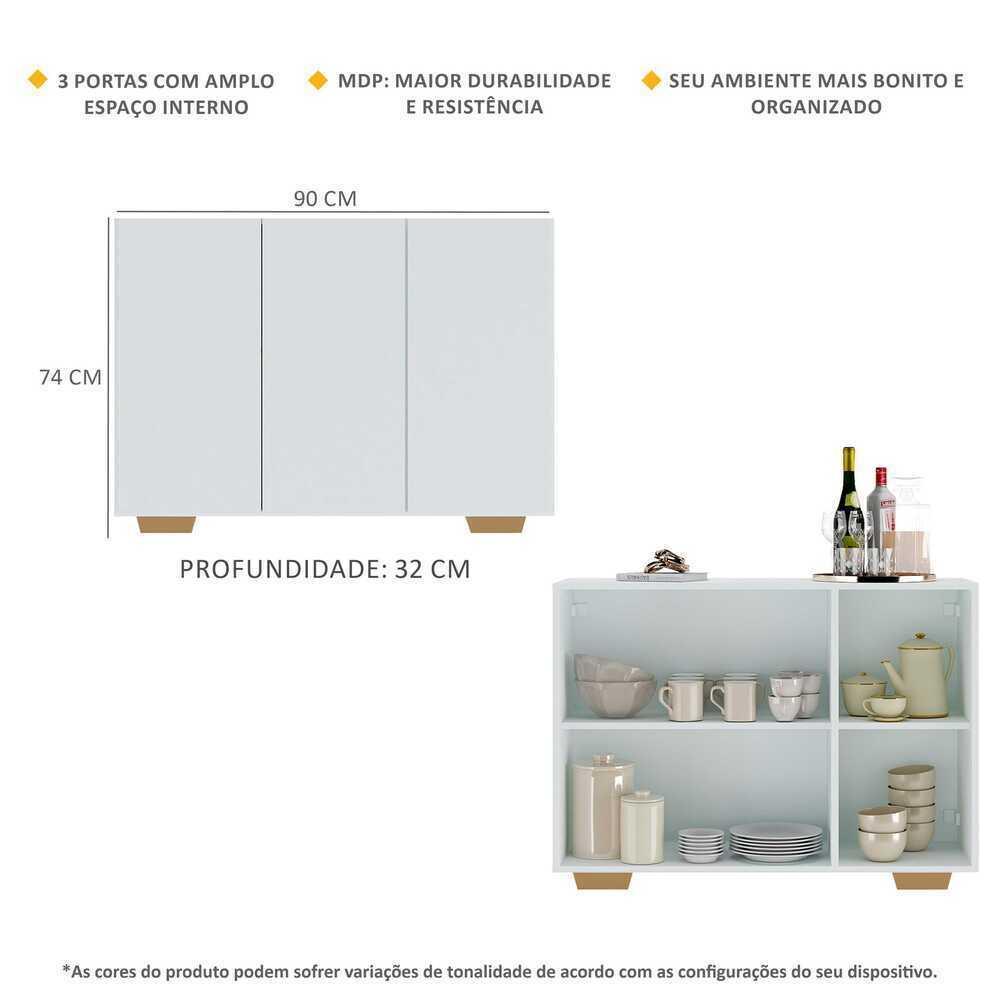 Aparador Buffet 3 Portas com Pés Quadrados Veneza Multimóveis MP1010 Branco/Natural