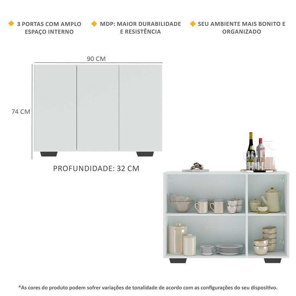 Aparador Buffet 3 Portas com Pés Quadrados Veneza Multimóveis MP1010 Branco/Preto