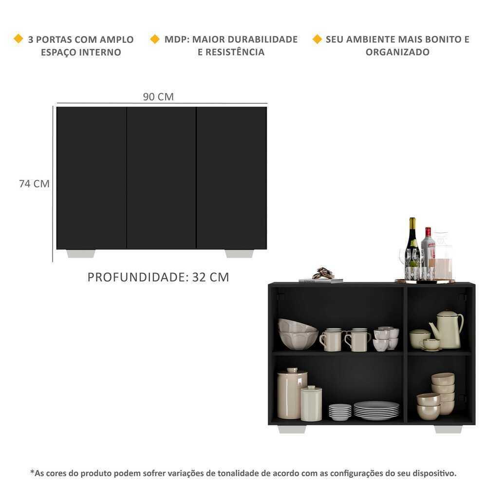 Aparador Buffet 3 Portas com Pés Quadrados Veneza Multimóveis MP1010 Preto/Branco
