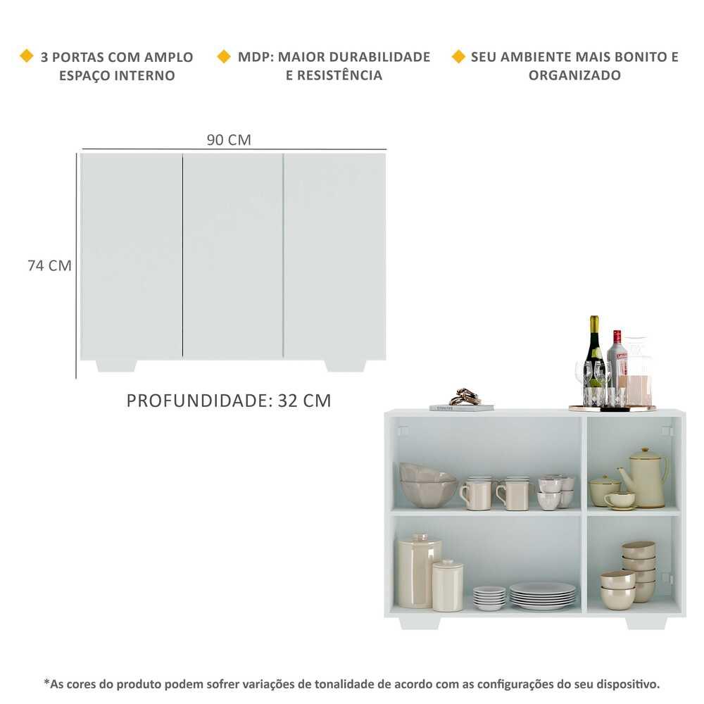 Aparador Buffet 3 Portas com Pés Quadrados Veneza Multimóveis V1010 Branco