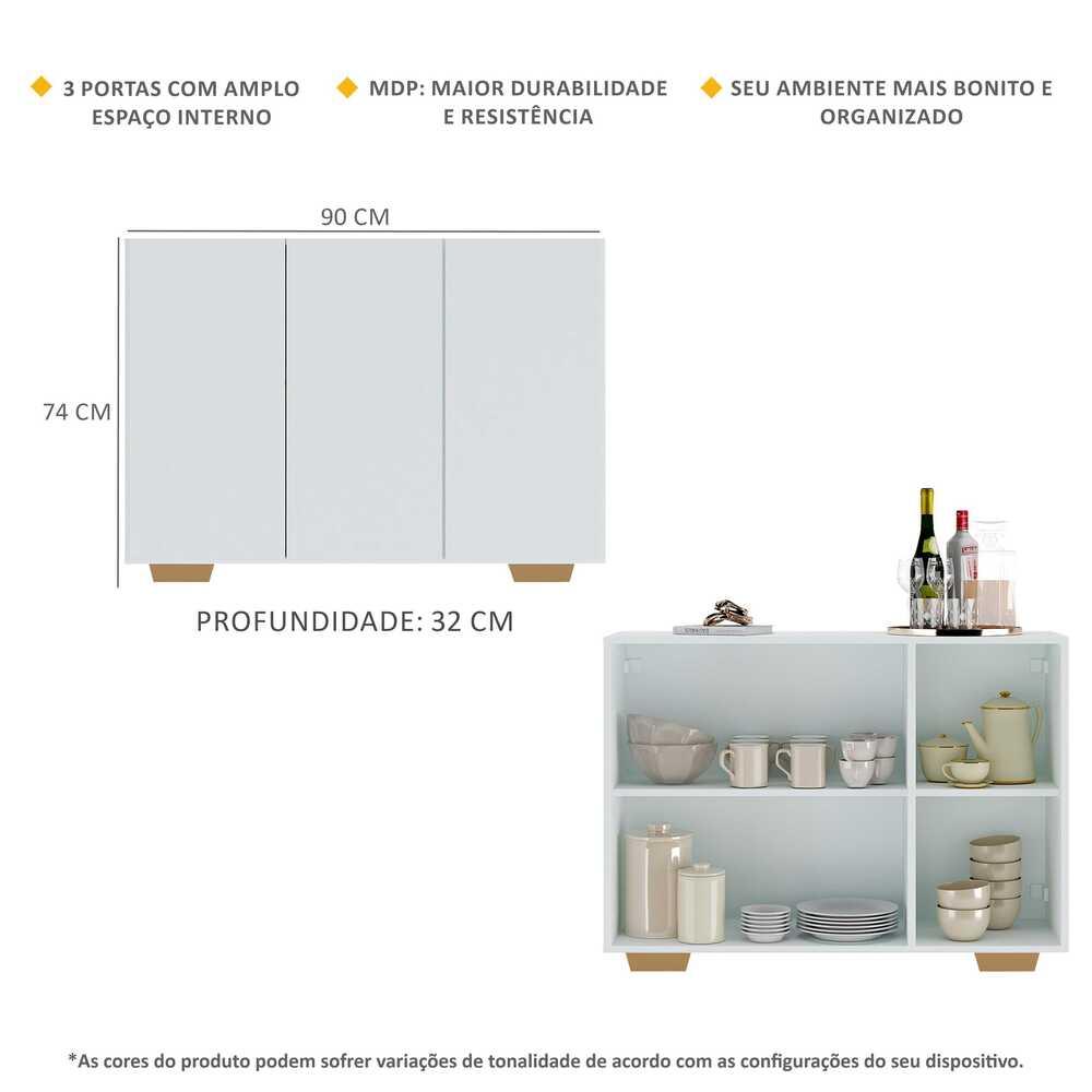 Aparador Buffet 3 Portas com Pés Quadrados Veneza Multimóveis V1010 Branco/Natural