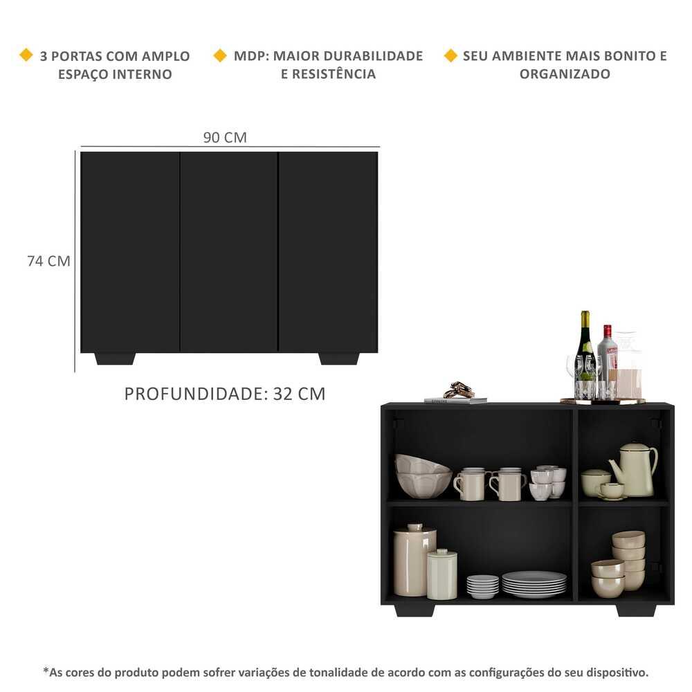 Aparador Buffet 3 Portas com Pés Quadrados Veneza Multimóveis V1010 Preto