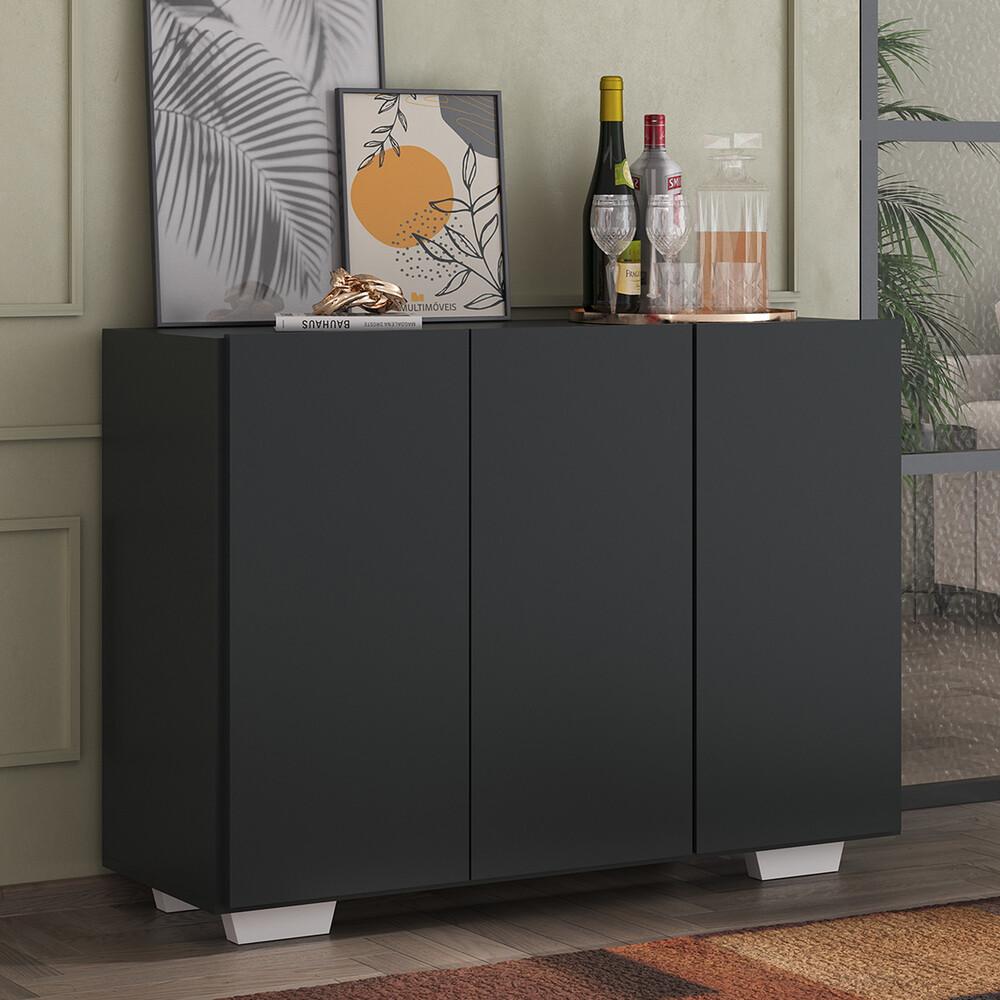 Aparador Buffet 3 Portas com Pés Quadrados Veneza Multimóveis V1010 Preto/Branco