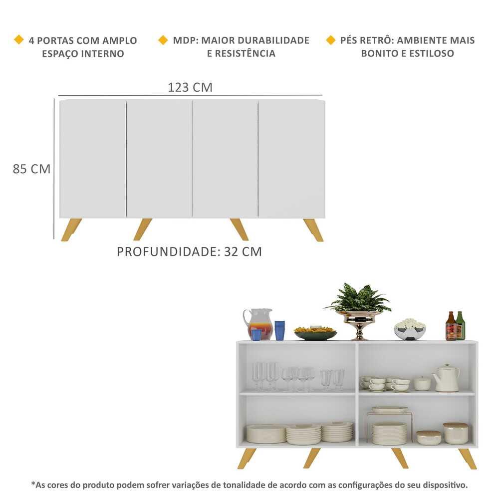 Aparador Buffet 4 Portas Retrô Alemanha Multimóveis BR3556 Branco/Natural