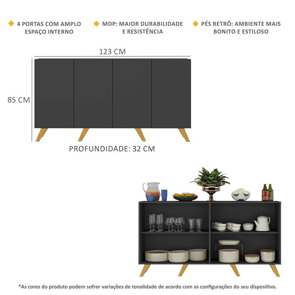 Aparador Buffet 4 Portas Retrô Alemanha Multimóveis BR3556 Preto/Natural