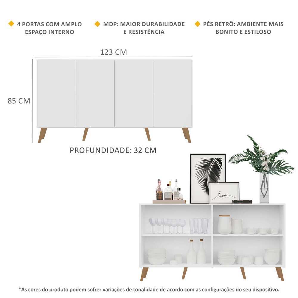 Aparador Buffet 4 Portas Retrô Veneza Multimóveis V3556 Branco/Natural