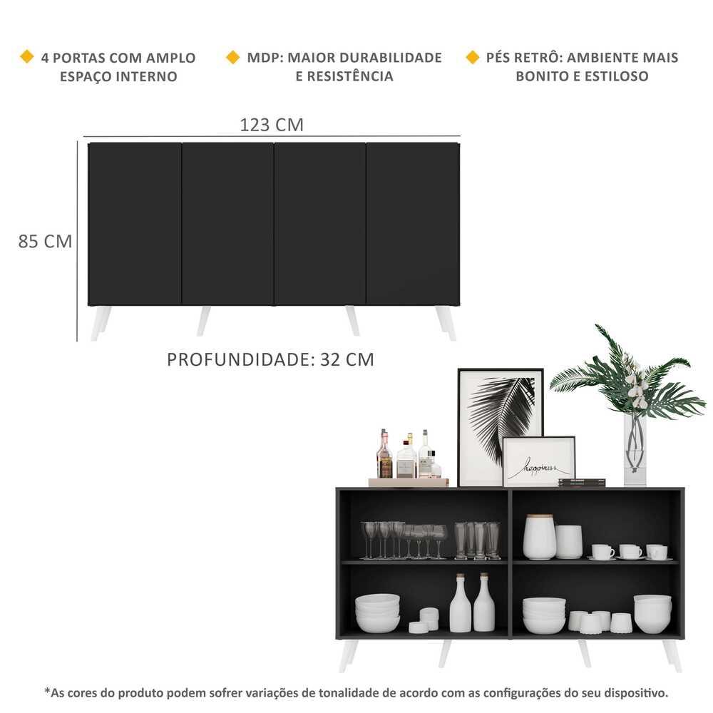 Aparador Buffet 4 Portas Retrô Veneza Multimóveis V3556 Preto/Branco