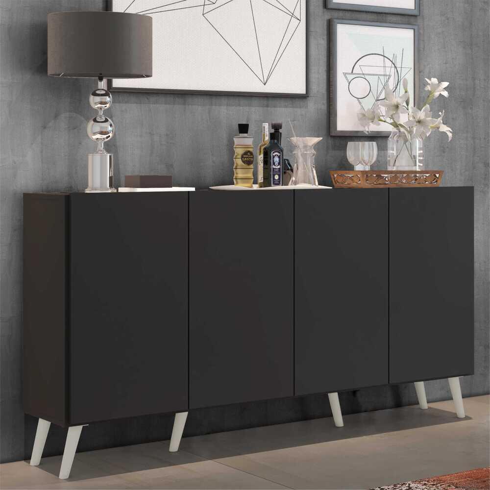 Aparador Buffet 4 Portas Retrô Veneza Multimóveis V3556 Preto/Branco