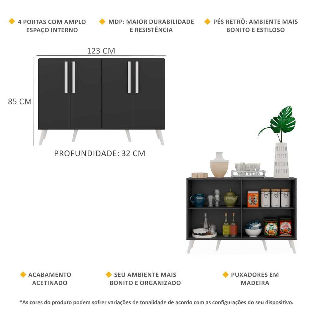 Aparador Buffet 4 Portas Retrô Viena Multimóveis V3606 Preto/Branco