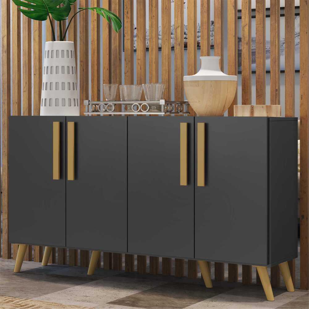 Aparador Buffet 4 Portas Retrô Viena Multimóveis V3606 Preto/Natural
