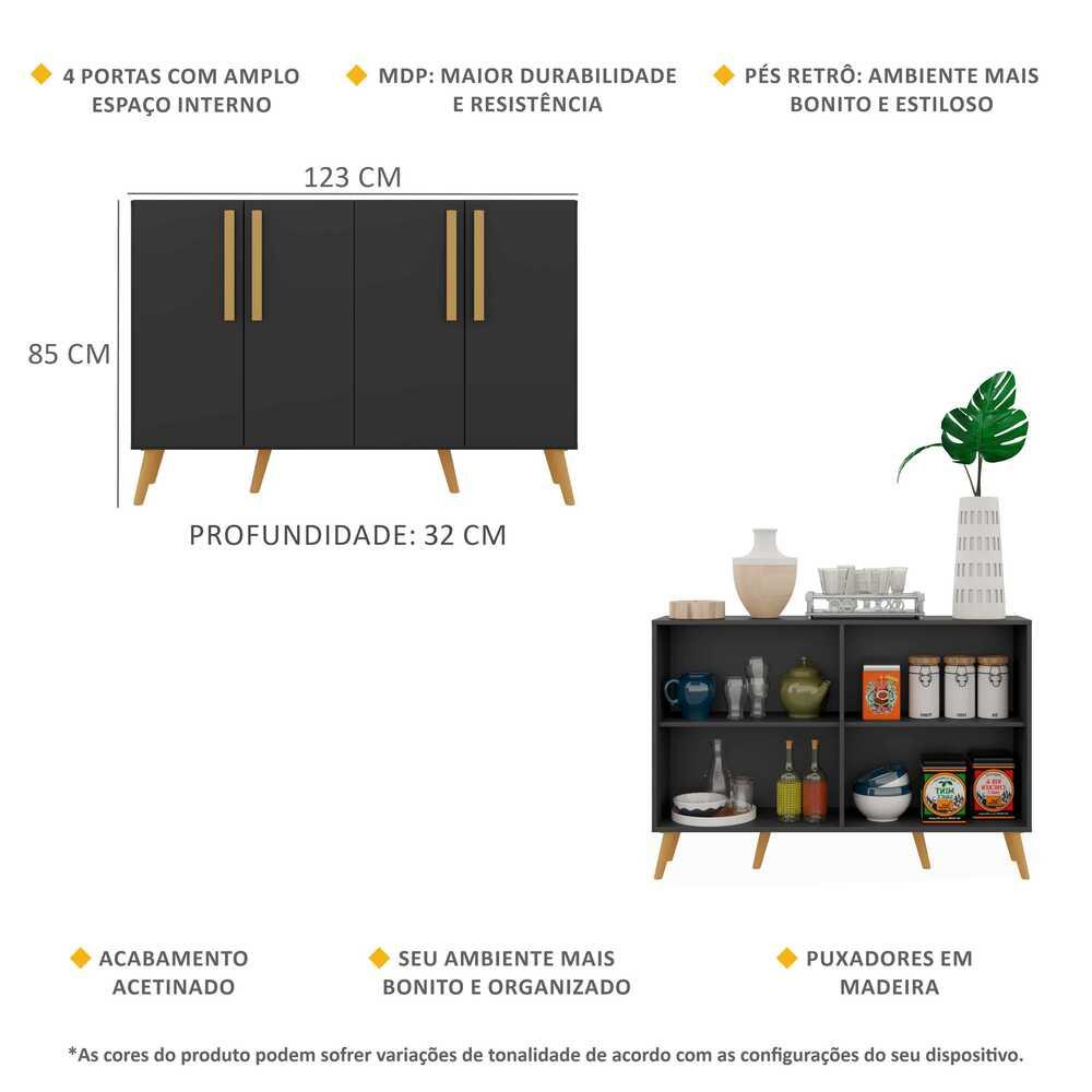 Aparador Buffet 4 Portas Retrô Viena Multimóveis V3606 Preto/Natural