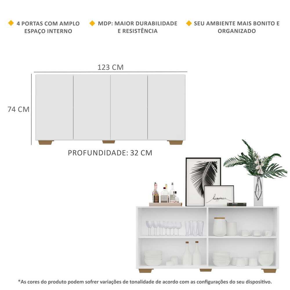 Aparador Buffet 4 Portas c/ Pés Quadrados Veneza Multimóveis Branco/Natural