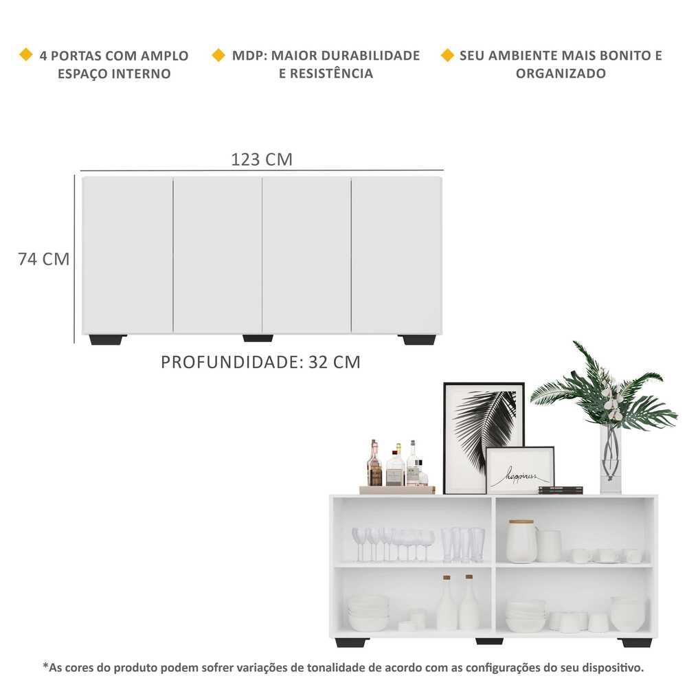 Aparador Buffet 4 Portas c/ Pés Quadrados Veneza Multimóveis Branco/Preto