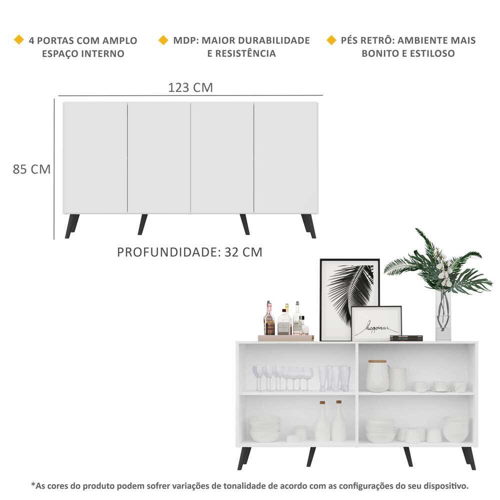 Aparador Buffet 4 Portas c/ Pés Retrô Veneza Multimóveis Branco/Preto