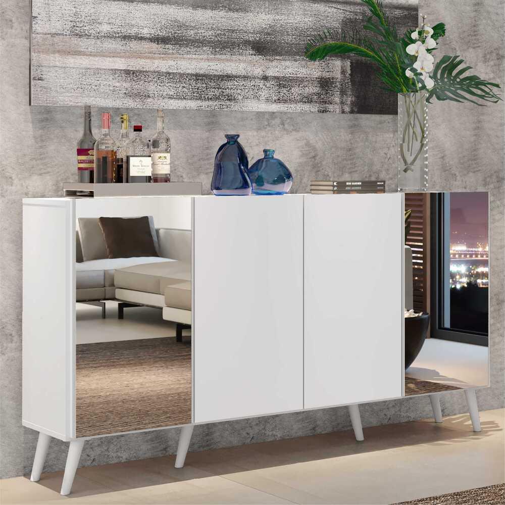 Aparador Buffet 4 Portas com Espelho Retrô Vegas Multimóveis V3562 Branco